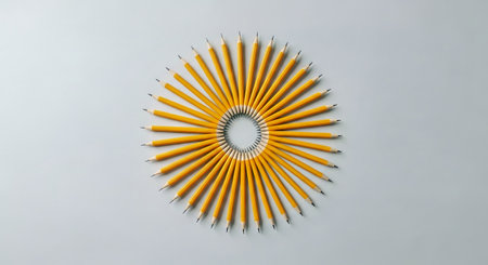 Overhead View of Freshly Sharpened Pencils Forming a Circle on a Neutral Backgroundの写真素材