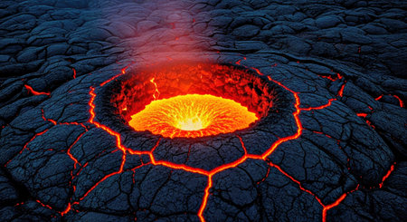 Isolated Lava Puddle in Cracked Basalt Field with a Subtle Glow Core Volcanic