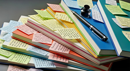 Stacked Spiral Notebooks with Sticky Notes and a Pen on a Rustic Wooden Deskの写真素材