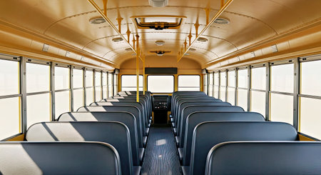 School Bus Interior with Empty Seats and a Rear Window View