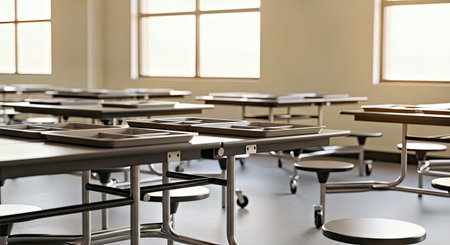Empty School Cafeteria Table with Trays and Afternoon Lightingの写真素材
