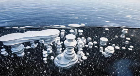 Smooth Black Ice Thin Air Bubbles Suspended Beneath Surface Minimalist Dark Backgroundの写真素材