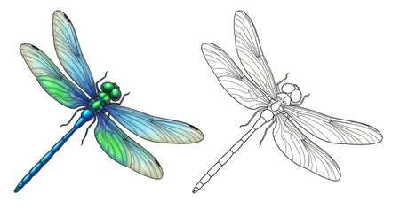 Adorable Three Dimensional Dragonfly Coloring Page for Kids Printable Bug Activity Sheetのイラスト素材