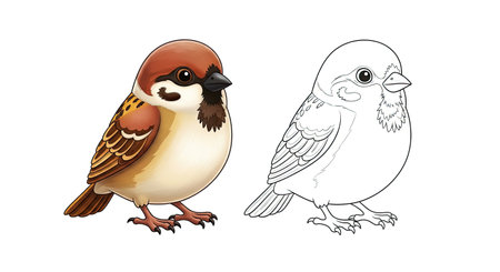 Small Sparrow Cartoon Coloring Page for Kids Charming Bird Character Line Art Printableのイラスト素材