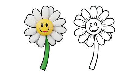 Cartoon Daisy Flower Dual Style Coloring Page Fun Botanical Activityのイラスト素材