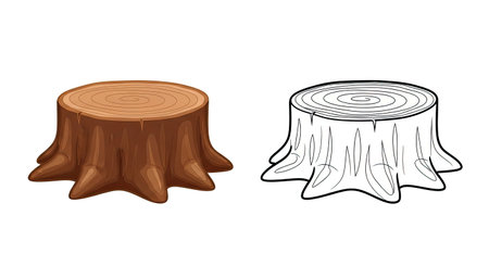 Cute Cartoon Tree Stump Coloring Page for Toddlers Simple Nature Drawing Funのイラスト素材
