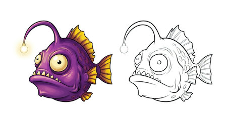 Funny Cartoon Anglerfish Coloring Page for Kids Fun Ocean Animal Drawingのイラスト素材