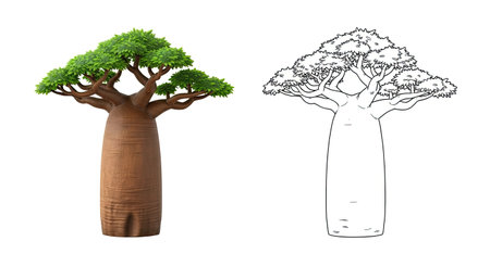 Round Cartoon Baobab Tree Coloring Page for Kids Fun Educational Drawingのイラスト素材