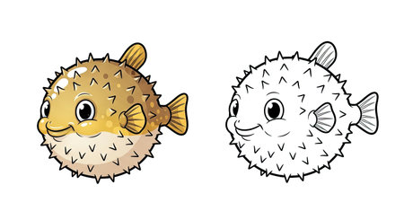 Bubbly Cartoon Blowfish Coloring Page for Kids Cute Marine Life Activityのイラスト素材