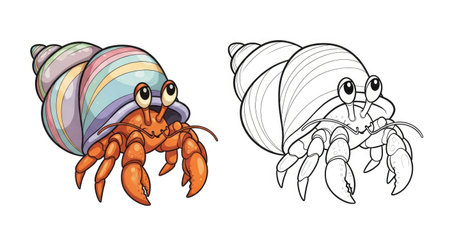 Cartoon Hermit Crab Coloring Page for Kids Cute Beach Sea Creatureのイラスト素材