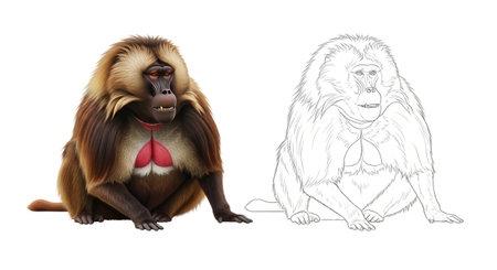 African Gelada Baboon Coloring Page One Colored and One Line Drawing Dual Styleのイラスト素材