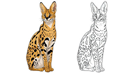 African Serval Twin Illustration Coloring Page Dual Version Line and Color Artのイラスト素材