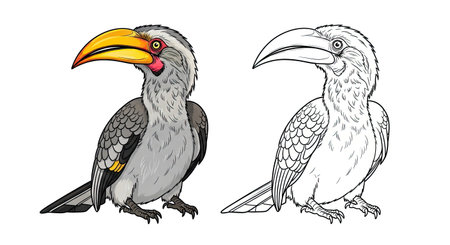 Spectacular Yellow Billed Hornbill Coloring Page with Dual Art Styles for Educationのイラスト素材