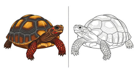 Detailed Red-Footed Tortoise and Outline Pair Coloring Page Creative Activityのイラスト素材