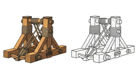 Ancient Greek Torsion Catapult Coloring Page Colored and Outline Weapon Layoutのイラスト素材