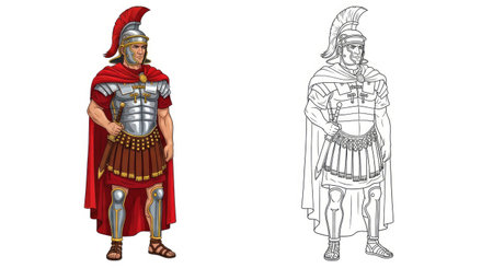 Roman General Coloring Page with Colored and Outline Uniform Ancient Military Leader Artのイラスト素材
