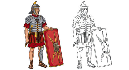 Roman Legionary Coloring Page with Realistic and Outline Warrior Ancient Soldier Artのイラスト素材