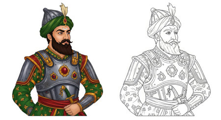 Mughal General Coloring Page with Detailed Colored and Outline Uniform Imperial Figureのイラスト素材