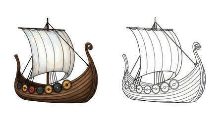Nordic Knarr Cargo Ship Coloring Page with Colored and Outline Variants Viking Era Vesselのイラスト素材