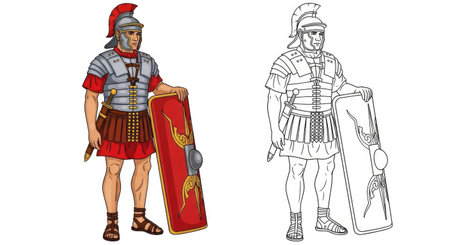 Roman Legionary Coloring Page with Detailed Realistic and Outline Ancient Roman Militaryのイラスト素材