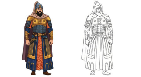 Persian Immortal Warrior Coloring Page with Detailed Colored and Outline Elite Ancient Armyのイラスト素材