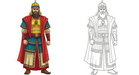 Persian General Coloring Page with Colored and Outline Outfits Ancient Military Leader Artのイラスト素材