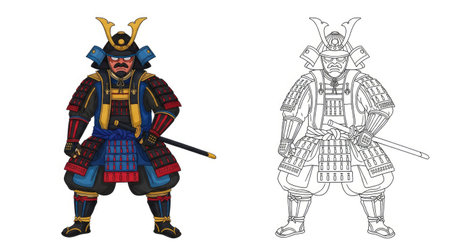 Samurai General Coloring Page with Colored and Outline Armor Japanese Military Artのイラスト素材