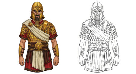 Sumerian General Coloring Page with Detailed Colored and Outline Armor Ancient Historyのイラスト素材