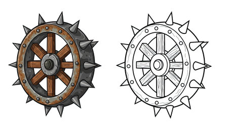 Spiked Wheel Trap Coloring Page with Colored and Outline Drawing Medieval Warfareのイラスト素材