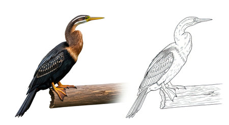Oriental Darter Twin Illustration Coloring Page Educational Bird Artwork for Kids Adults