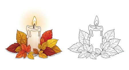 Thanksgiving Candle with Leaves Coloring Page Fall Season Holiday Kids Activityのイラスト素材