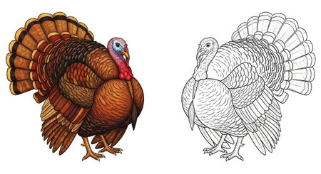 Happy Thanksgiving Turkey with Spread Feathers Coloring Page Kids Printableのイラスト素材