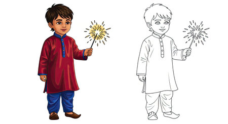 Happy Diwali Child Holding a Sparkler Coloring Page Festival of Lights Funのイラスト素材
