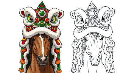 Chinese Zodiac Horse Character with Traditional Lion Dance Head and Tassels Coloring Pageのイラスト素材