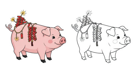 Festive Zodiac Pig with Firecracker Tail Lunar New Year Coloring Page for Kids