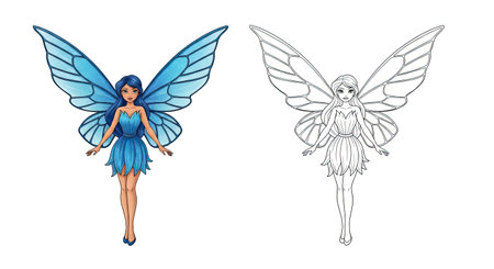 Whimsical Blue Fairy Character Coloring Page Offering Full Color and Black Line Outline Artのイラスト素材