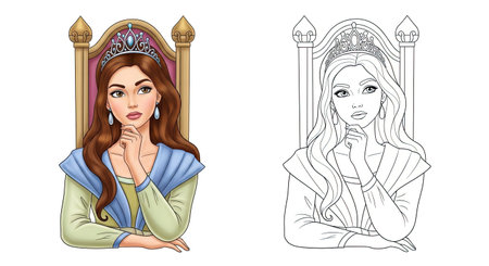 Intelligent Clever Princess from Folk Tale Coloring Page with Both Colored and Outline Artのイラスト素材