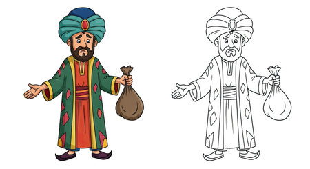 Naive Foolish Merchant Character Coloring Page with Both Colored and Outline Versions for Kidsのイラスト素材