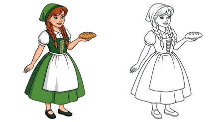 Resourceful Gretel Character Coloring Page Featuring Full Color and Sketch Outline Artのイラスト素材