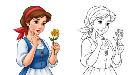Enchanting Goose Girl Character Coloring Page Offering Full Color and Line Art Outlinesのイラスト素材