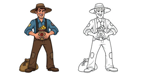 Unscrupulous Greedy Farmer Character Coloring Page with Both Colored and Outline Posesのイラスト素材