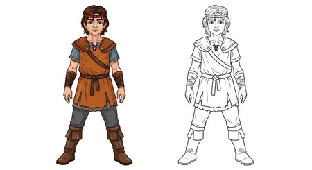 Brave Fearless Young Hunter Coloring Page Featuring Full Color and Sketch Outline Artのイラスト素材
