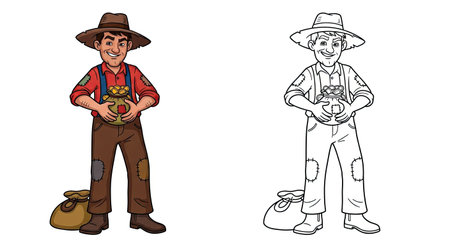 Selfish Greedy Farmer Character Coloring Page Featuring Full Color and Sketch Outline Artのイラスト素材
