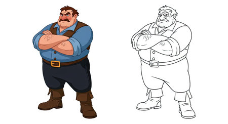 Stern Grumpy Innkeeper Character Coloring Page Offering Full Color and Line Art Outlinesのイラスト素材