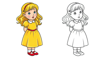 Classic Goldilocks Character Coloring Page with Both Colored and Outline Poses for Kidsのイラスト素材