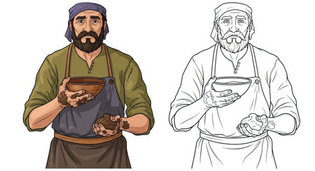 Artisan Humble Potter Character Coloring Page Featuring Full Color and Sketch Outline Artのイラスト素材