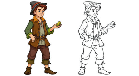 Courageous Jack from Beanstalk Coloring Page Offering Full Color and Line Art Outlinesのイラスト素材