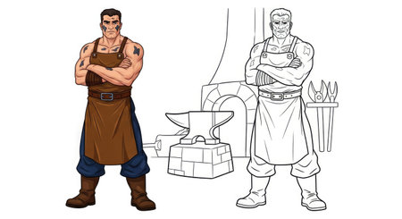 Diligent Honest Blacksmith Coloring Page Featuring Full Color and Sketch Outline Artworkのイラスト素材