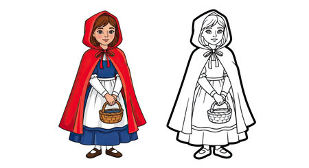 Classic Little Red Riding Hood Coloring Page with Colored and Outline Character Stylesのイラスト素材
