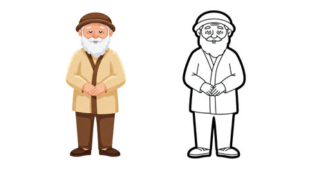 Wise Kind Grandfather Character Coloring Page Featuring Full Color and Sketch Outline Artのイラスト素材
